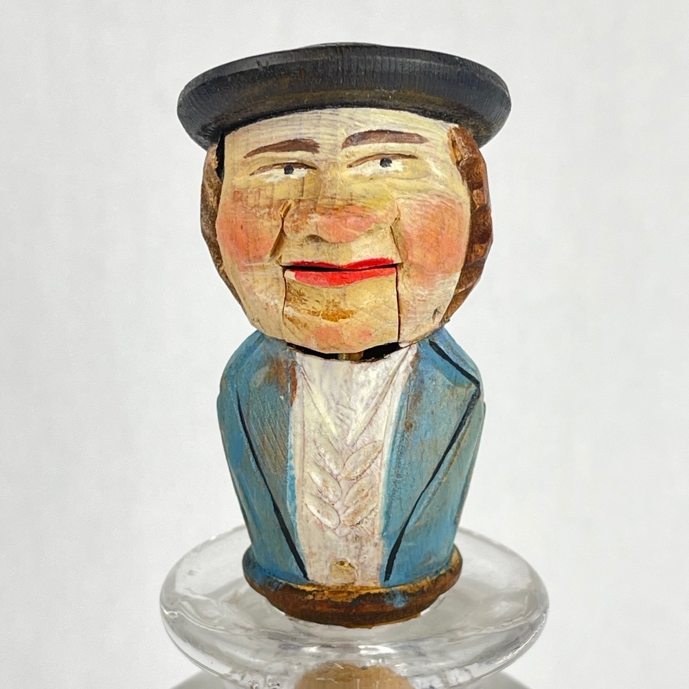 VTG ANRI Carved Wooden Mechanical Moving Bottle Stopper Man Sticking Out Tongue